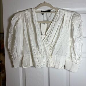 ZARA Cream Wrap Pleated Puff-Sleeve Blouse